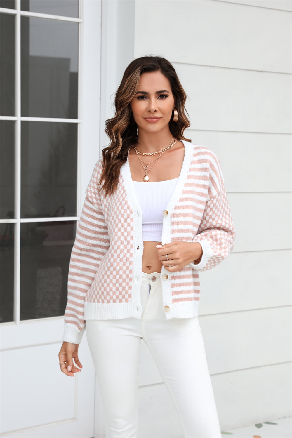 Button-Down Stripe & Plaid Contrast Pattern Cardigan - Pink / S - Women’s Clothing & Accessories - Shirts & Tops - 5