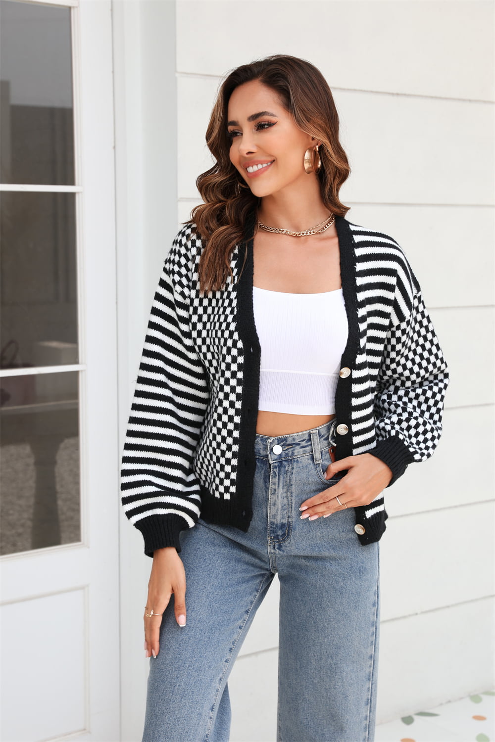 Button-Down Stripe & Plaid Contrast Pattern Cardigan - Black / S - Women’s Clothing & Accessories - Shirts & Tops - 1