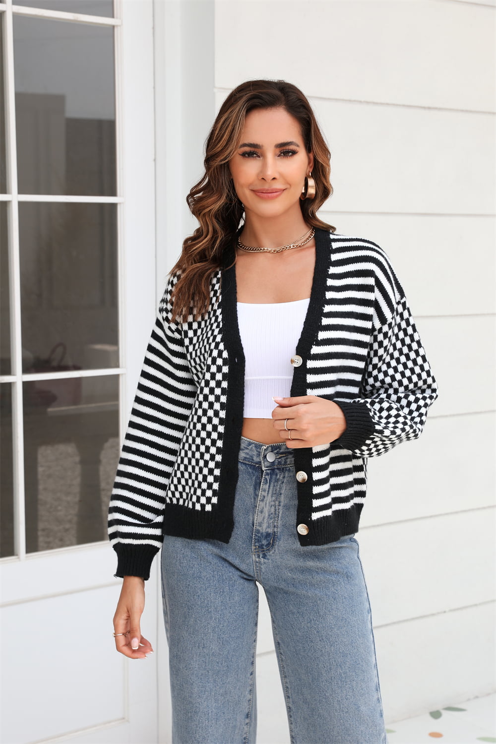 Button-Down Stripe & Plaid Contrast Pattern Cardigan - Women’s Clothing & Accessories - Shirts & Tops - 3 - 2024