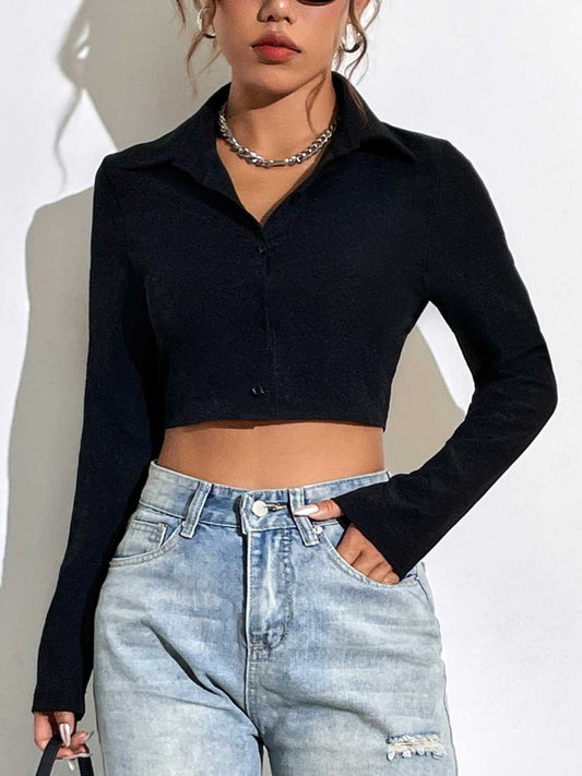 Button Up Collared Neck Long Sleeve Blouse - Black / S - Women’s Clothing & Accessories - Shirts & Tops - 1 - 2024