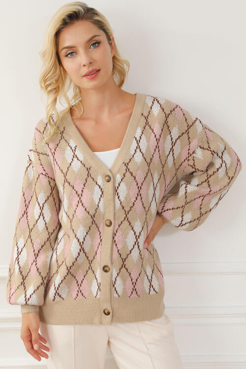 Button Up Geometric Dropped Shoulder Cardigan - Beige / S - Women’s Clothing & Accessories - Shirts & Tops - 1 - 2024
