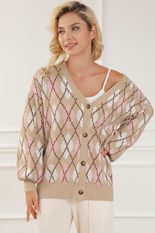 Button Up Geometric Dropped Shoulder Cardigan - Women’s Clothing & Accessories - Shirts & Tops - 3 - 2024