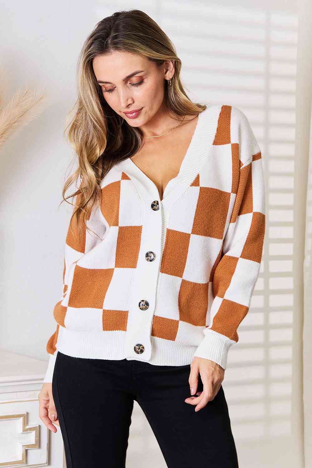 Button-Up V-Neck Dropped Shoulder Cardigan - Women’s Clothing & Accessories - Shirts & Tops - 3 - 2024