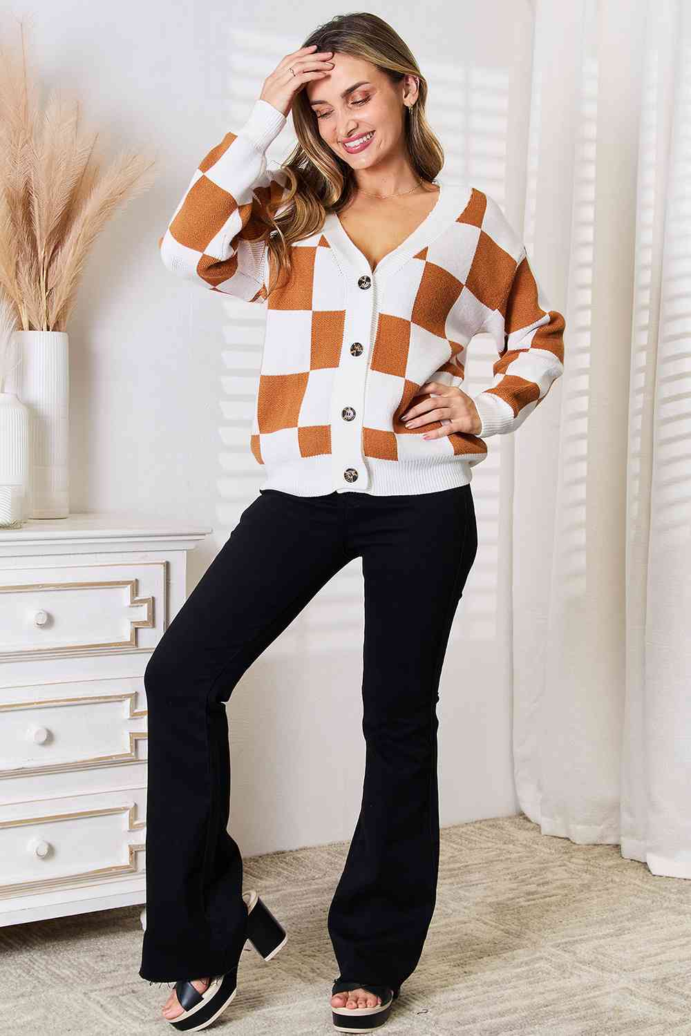 Button-Up V-Neck Dropped Shoulder Cardigan - Women’s Clothing & Accessories - Shirts & Tops - 6 - 2024