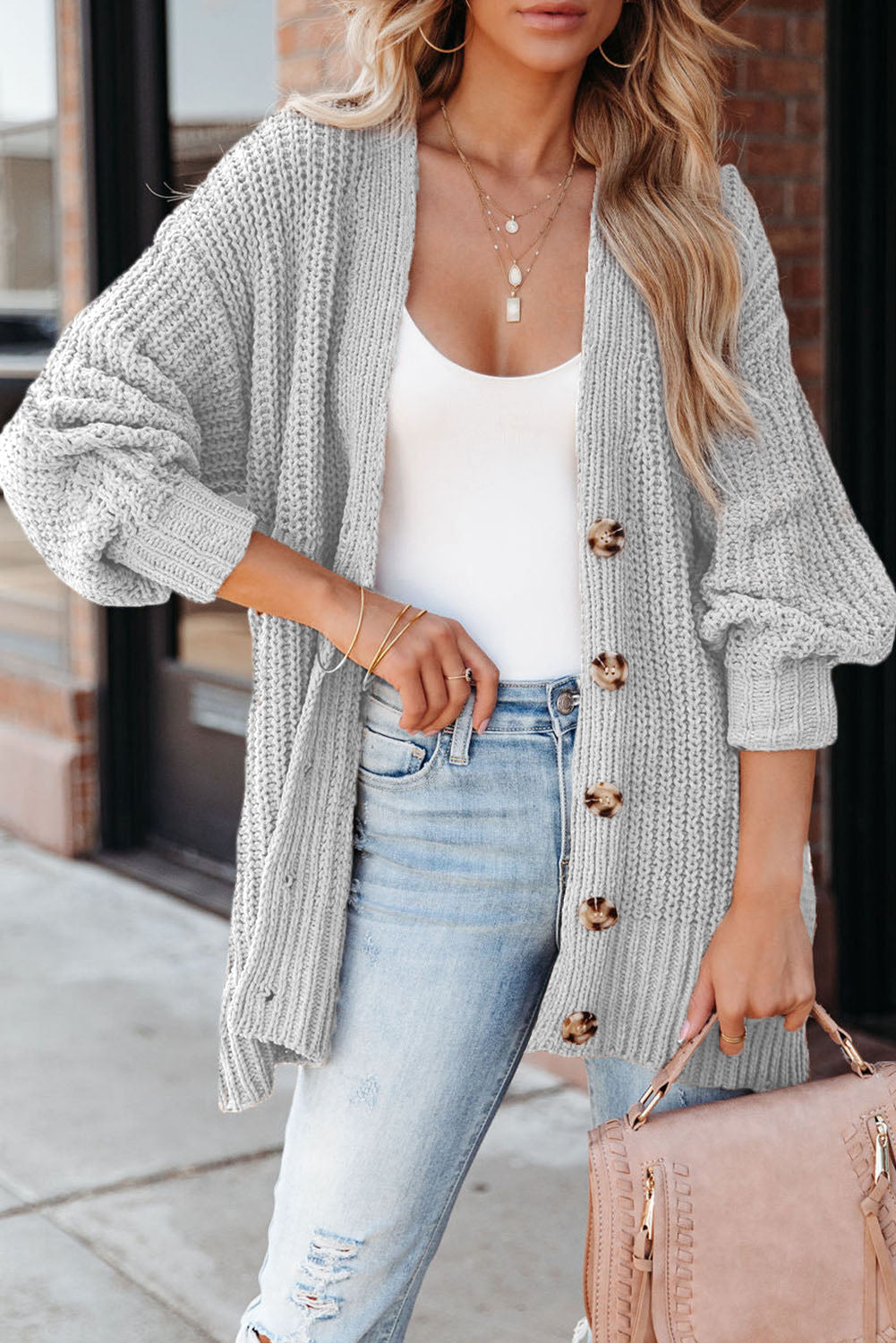 Button-Up V-Neck Long Sleeve Cardigan - Light Gray / S - Women’s Clothing & Accessories - Shirts & Tops - 4 - 2024