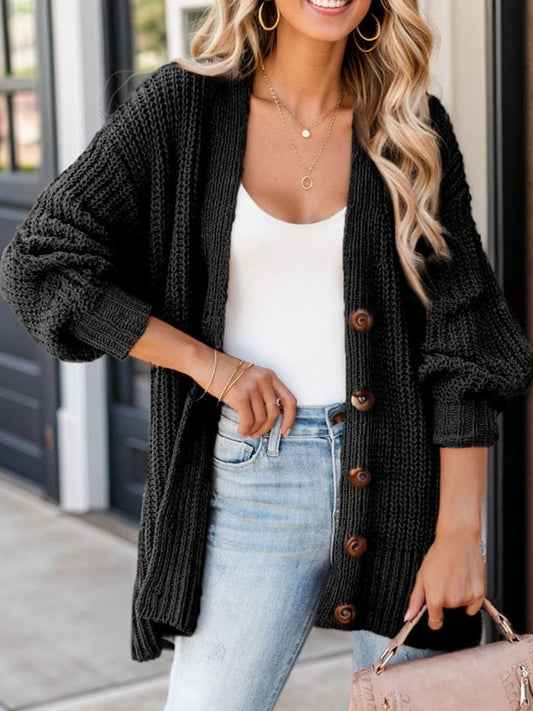 Button-Up V-Neck Long Sleeve Cardigan - Black / S - Women’s Clothing & Accessories - Shirts & Tops - 1 - 2024