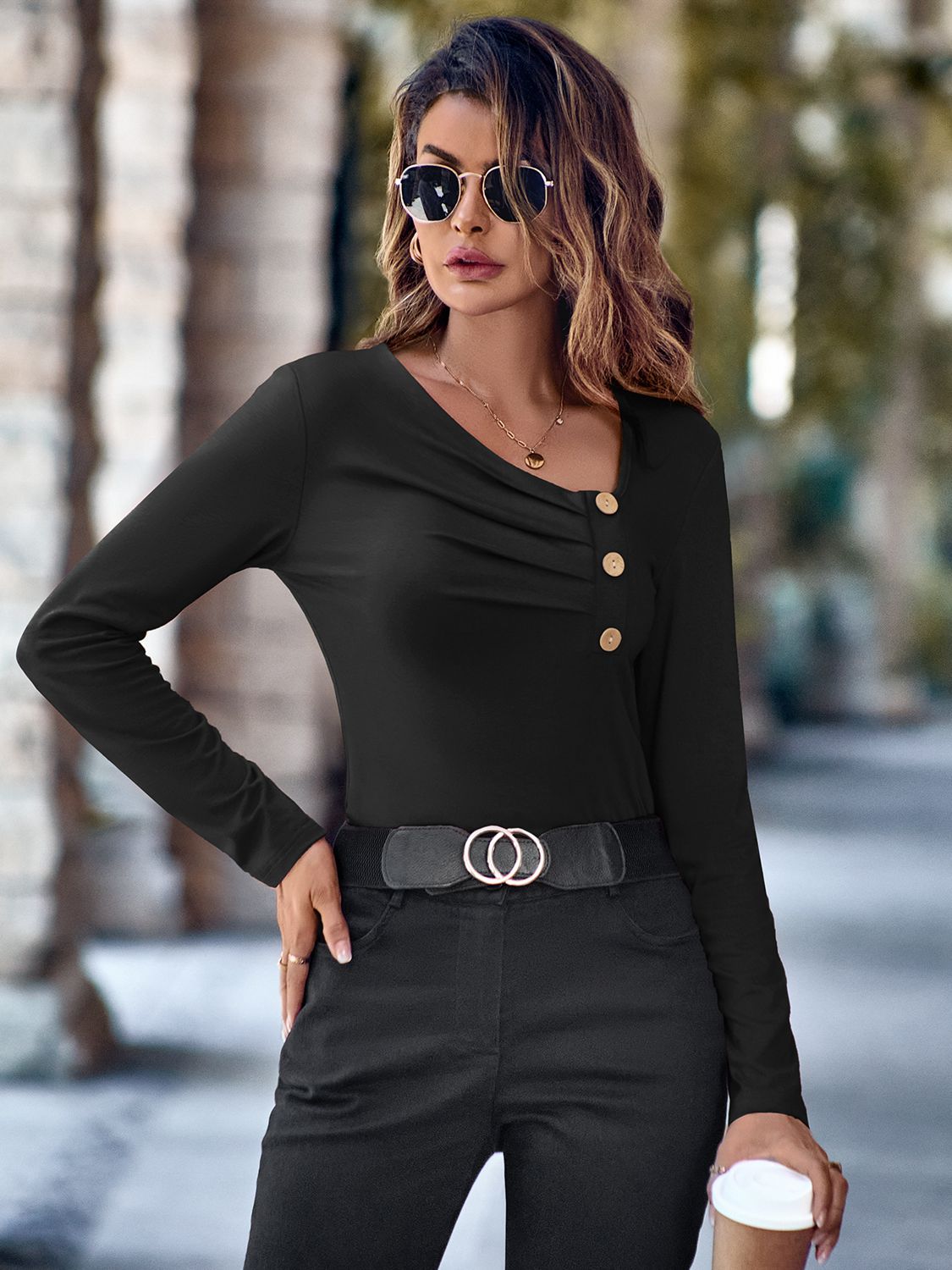 Buttoned Asymmetrical Neck Top - Women’s Clothing & Accessories - Shirts & Tops - 3 - 2024