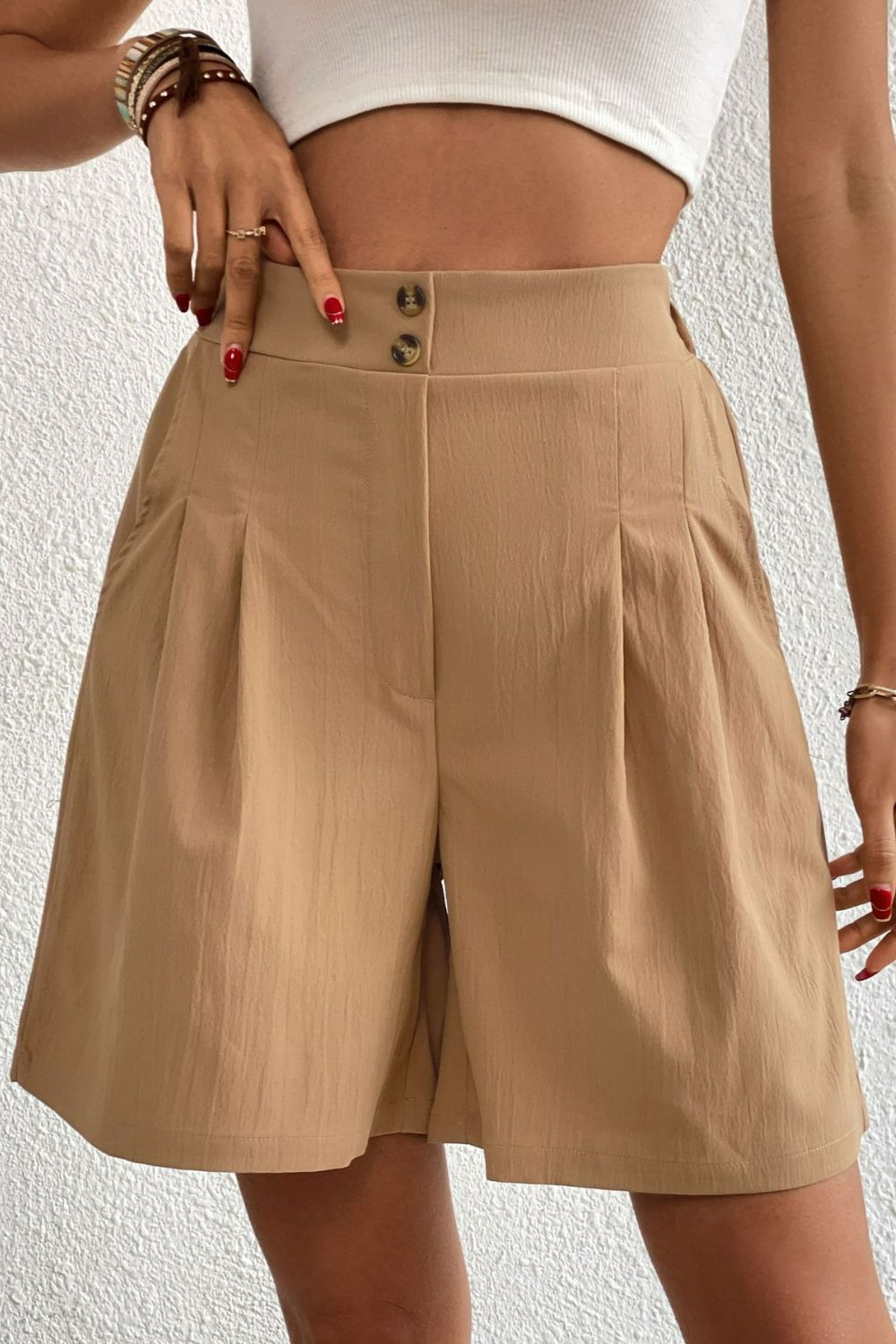 Buttoned Elastic Waist Pleated Detail Shorts - Women’s Clothing & Accessories - Shorts - 4 - 2024