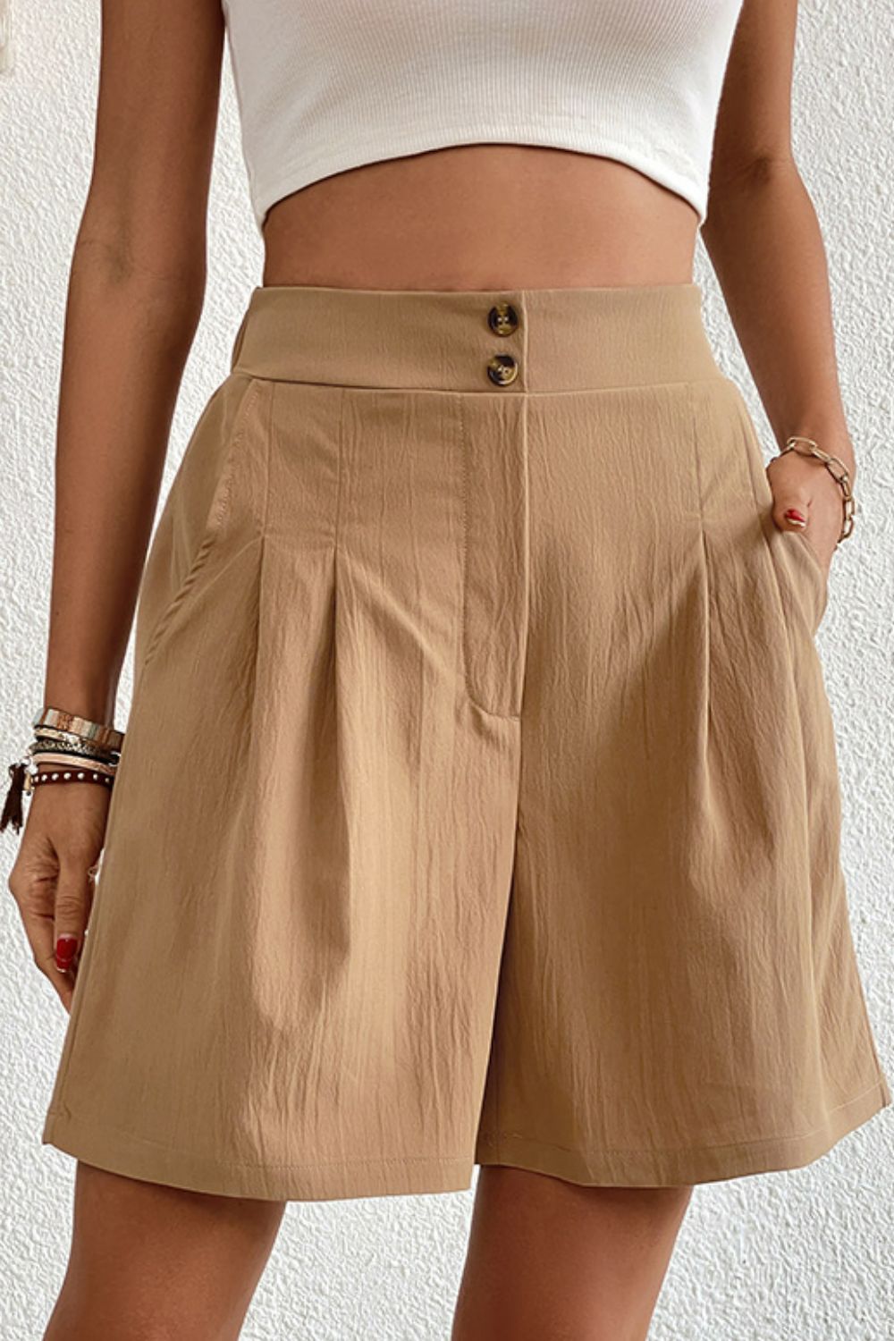 Buttoned Elastic Waist Pleated Detail Shorts - Light Brown / S - Women’s Clothing & Accessories - Shorts - 1 - 2024
