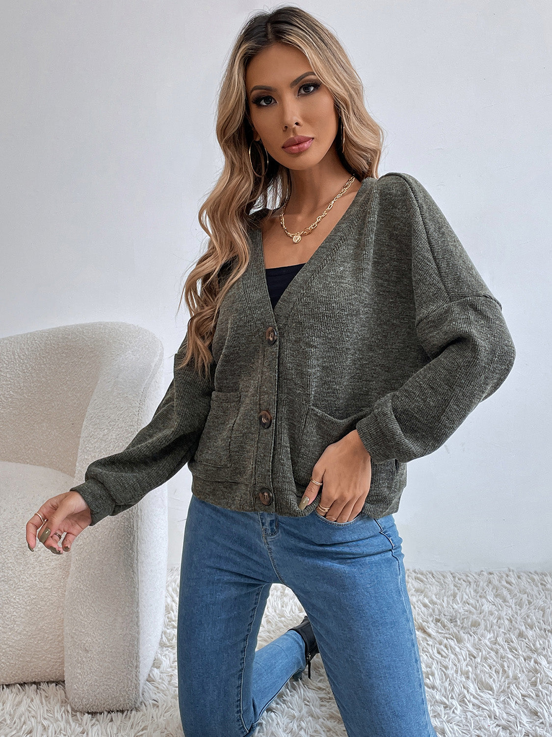 Buttoned Long Sleeve Cardigan - Women’s Clothing & Accessories - Shirts & Tops - 4 - 2024