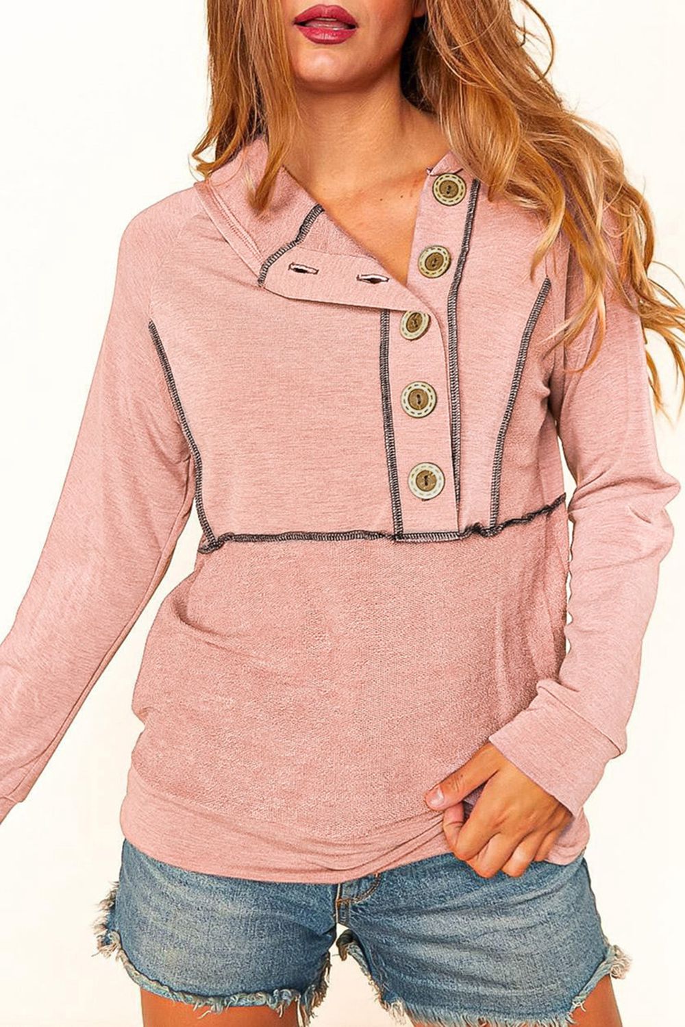 Buttoned Long Sleeve Hoodie - Women’s Clothing & Accessories - Shirts & Tops - 3 - 2024