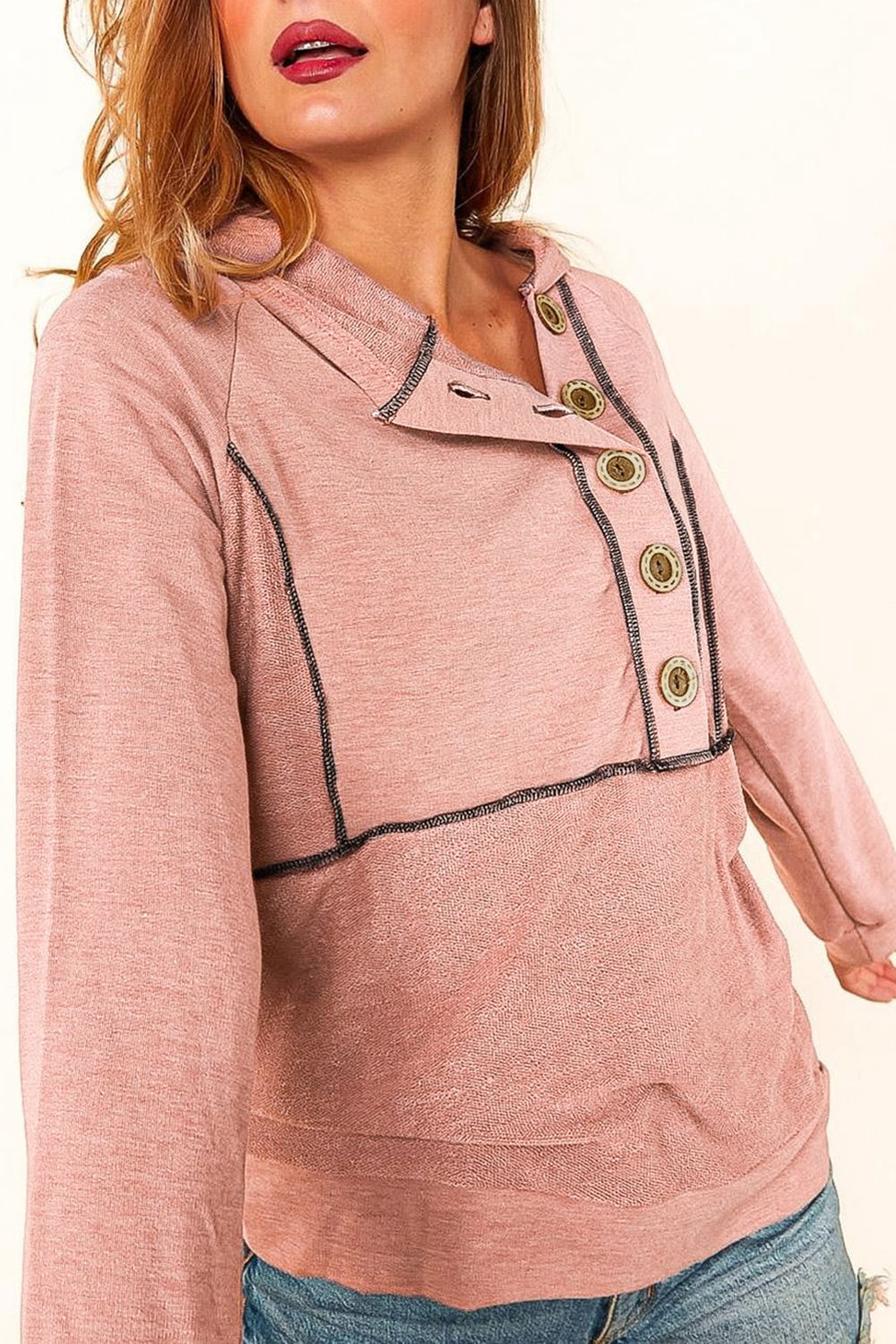Buttoned Long Sleeve Hoodie - Women’s Clothing & Accessories - Shirts & Tops - 4 - 2024