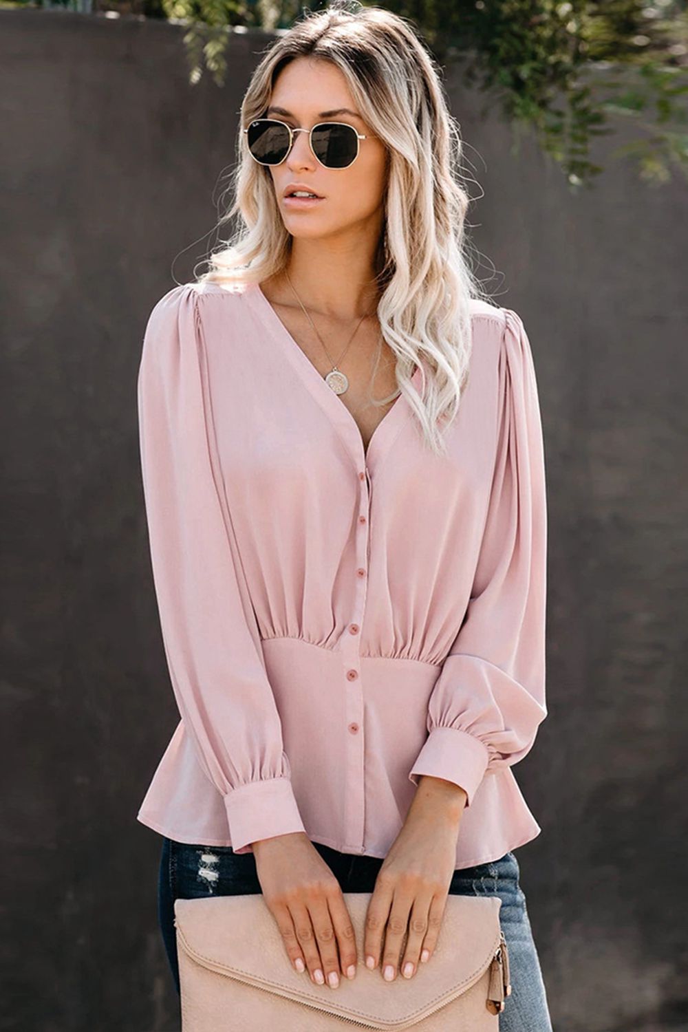 Buttoned Puff Sleeve Blouse - Women’s Clothing & Accessories - Shirts & Tops - 2 - 2024