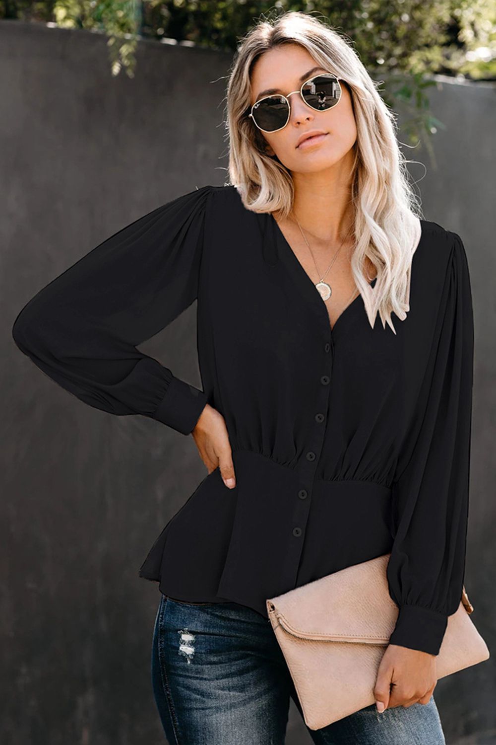 Buttoned Puff Sleeve Blouse - Women’s Clothing & Accessories - Shirts & Tops - 7 - 2024