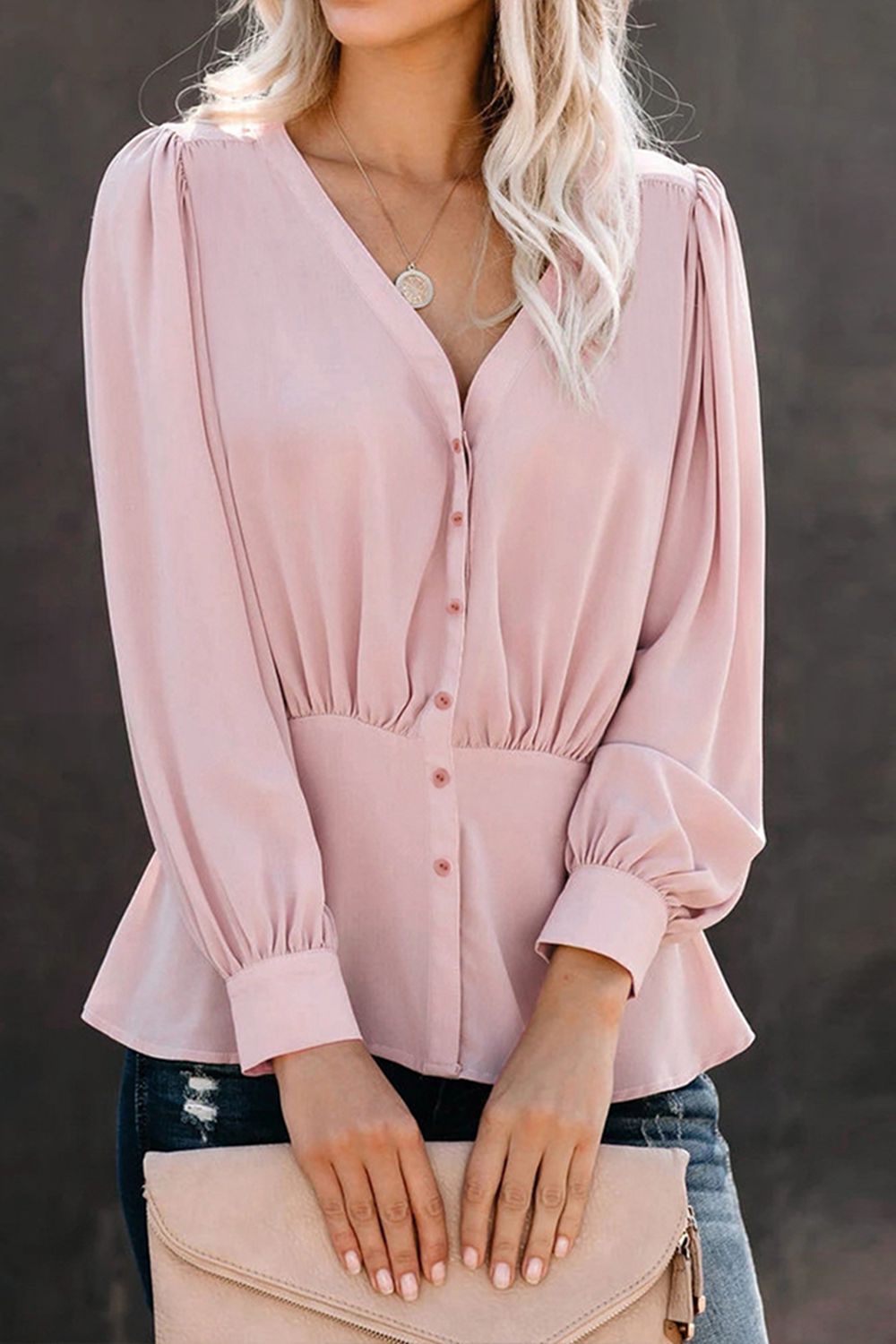 Buttoned Puff Sleeve Blouse - Women’s Clothing & Accessories - Shirts & Tops - 3 - 2024