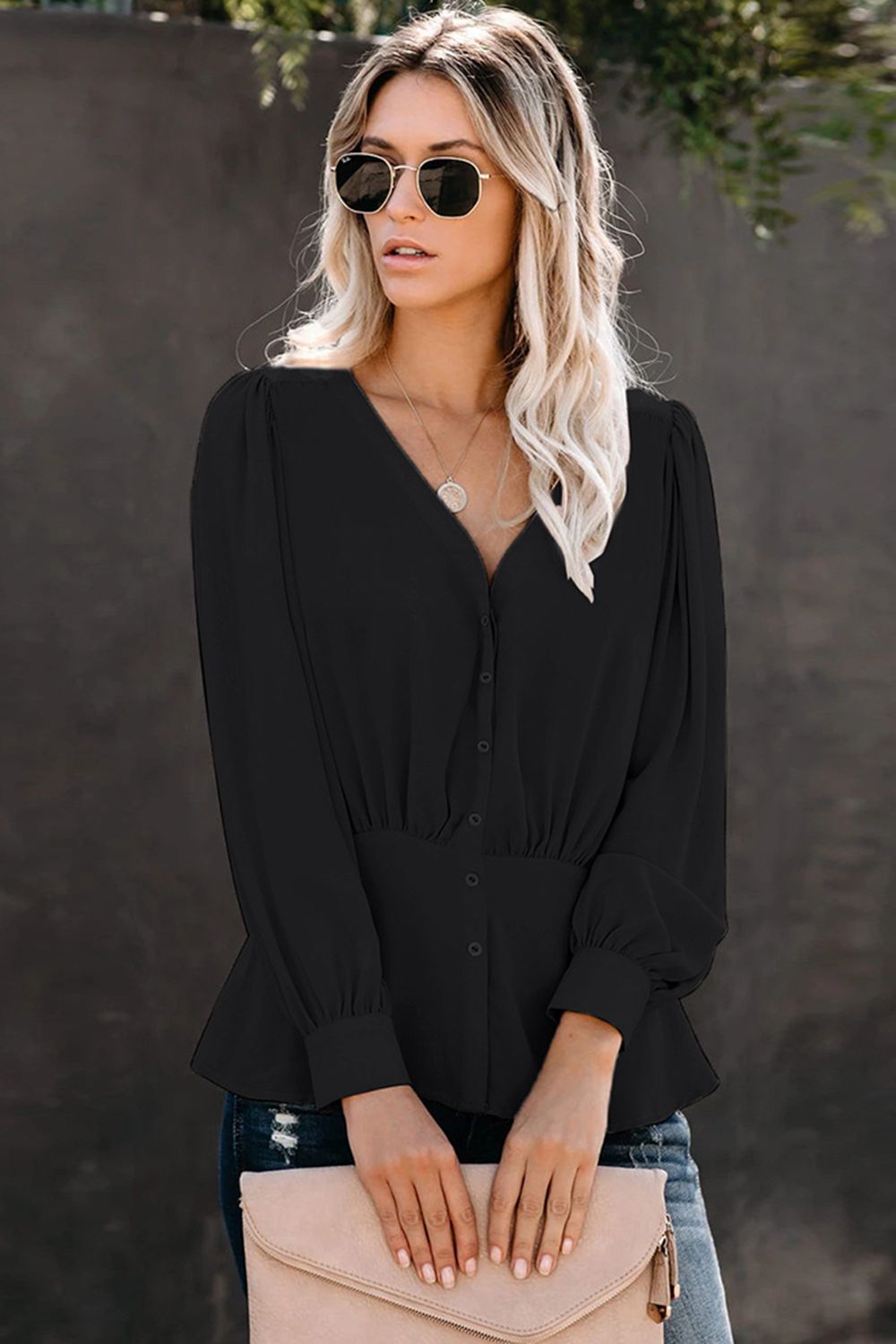Buttoned Puff Sleeve Blouse - Women’s Clothing & Accessories - Shirts & Tops - 6 - 2024