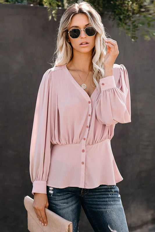 Buttoned Puff Sleeve Blouse - Pink / S - Women’s Clothing & Accessories - Shirts & Tops - 1 - 2024