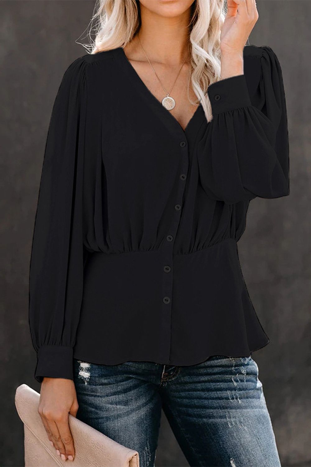 Buttoned Puff Sleeve Blouse - Women’s Clothing & Accessories - Shirts & Tops - 8 - 2024