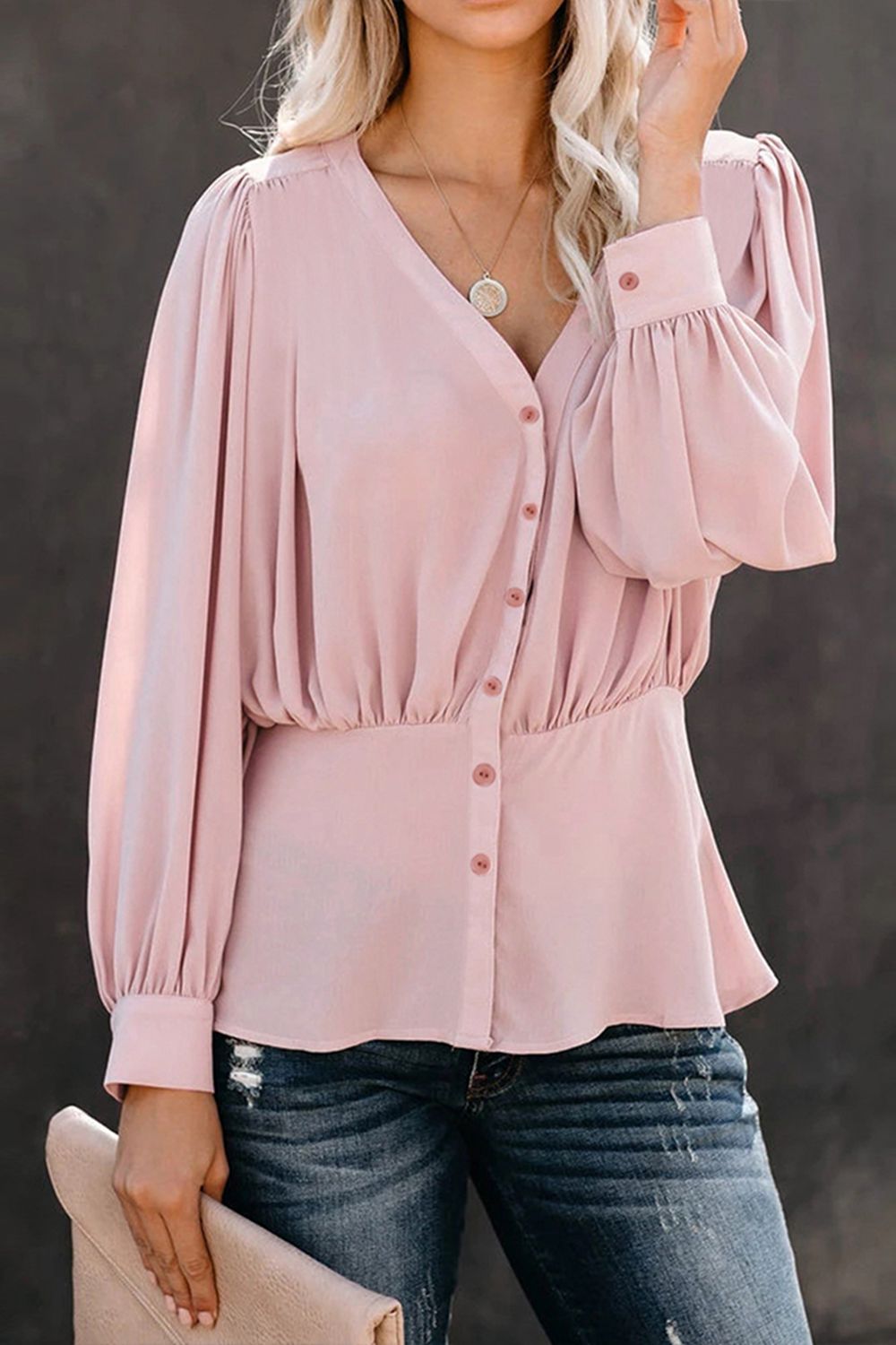Buttoned Puff Sleeve Blouse - Women’s Clothing & Accessories - Shirts & Tops - 4 - 2024