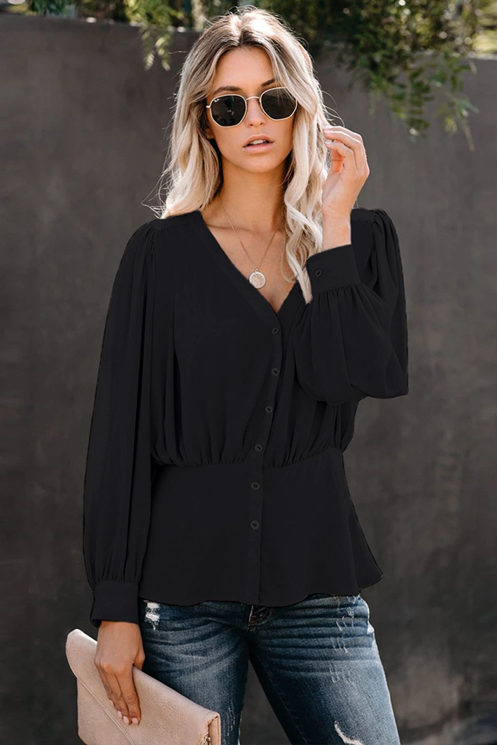 Buttoned Puff Sleeve Blouse - Black / S - Women’s Clothing & Accessories - Shirts & Tops - 5 - 2024