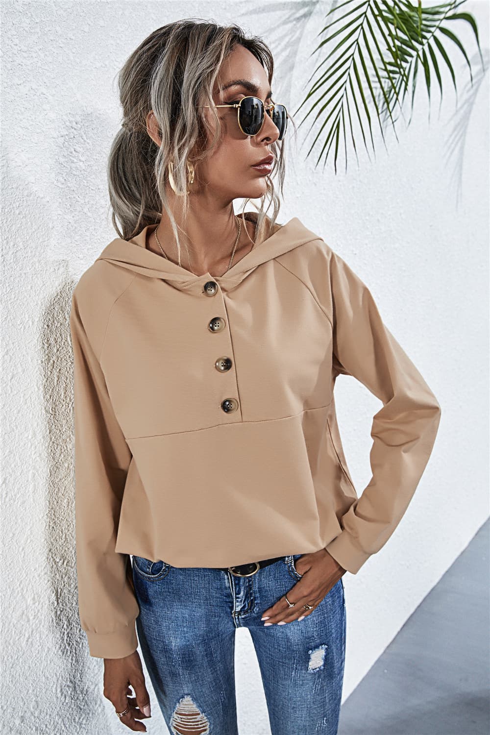 Buttoned Raglan Sleeve Hooded Blouse - Women’s Clothing & Accessories - Shirts & Tops - 5 - 2024