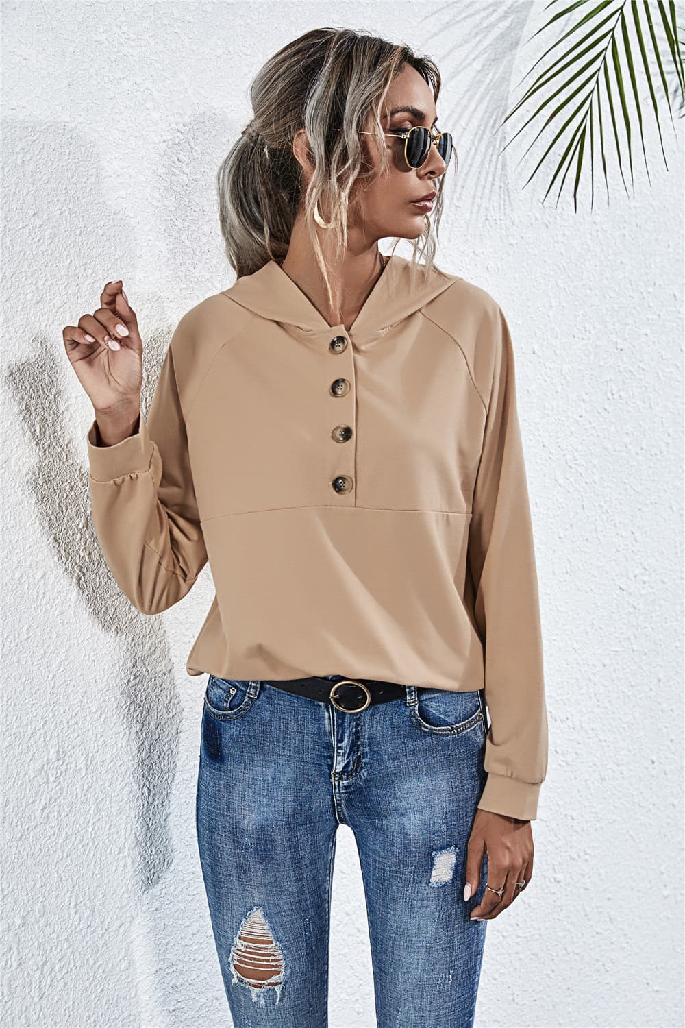 Buttoned Raglan Sleeve Hooded Blouse - Light Brown / S - Women’s Clothing & Accessories - Shirts & Tops - 1 - 2024