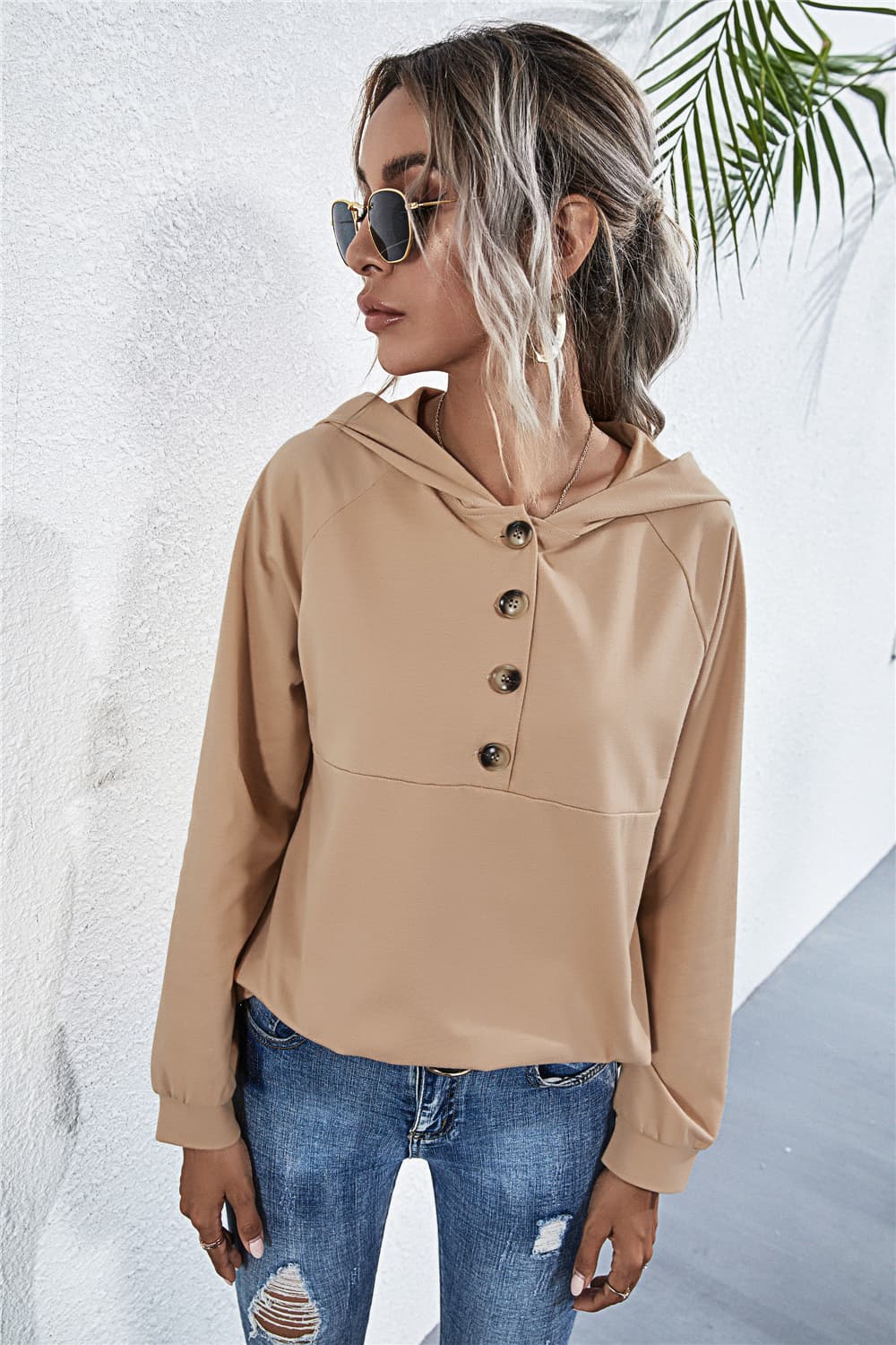 Buttoned Raglan Sleeve Hooded Blouse - Women’s Clothing & Accessories - Shirts & Tops - 6 - 2024