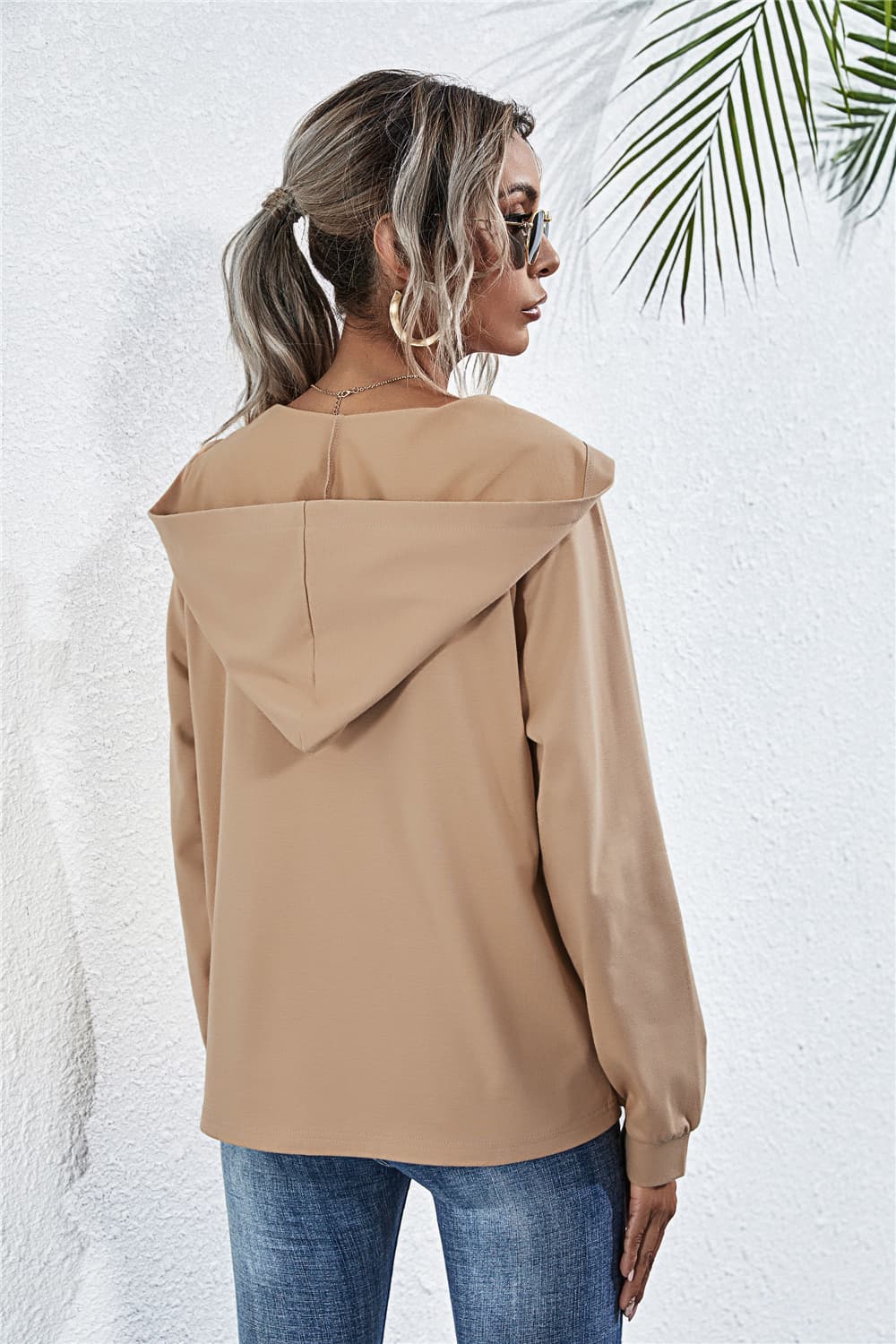 Buttoned Raglan Sleeve Hooded Blouse - Women’s Clothing & Accessories - Shirts & Tops - 2 - 2024