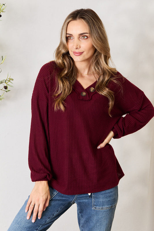 Buttoned V-Neck Long Sleeve Blouse - Dark Burgundy / S - Women’s Clothing & Accessories - Shirts & Tops - 1 - 2024