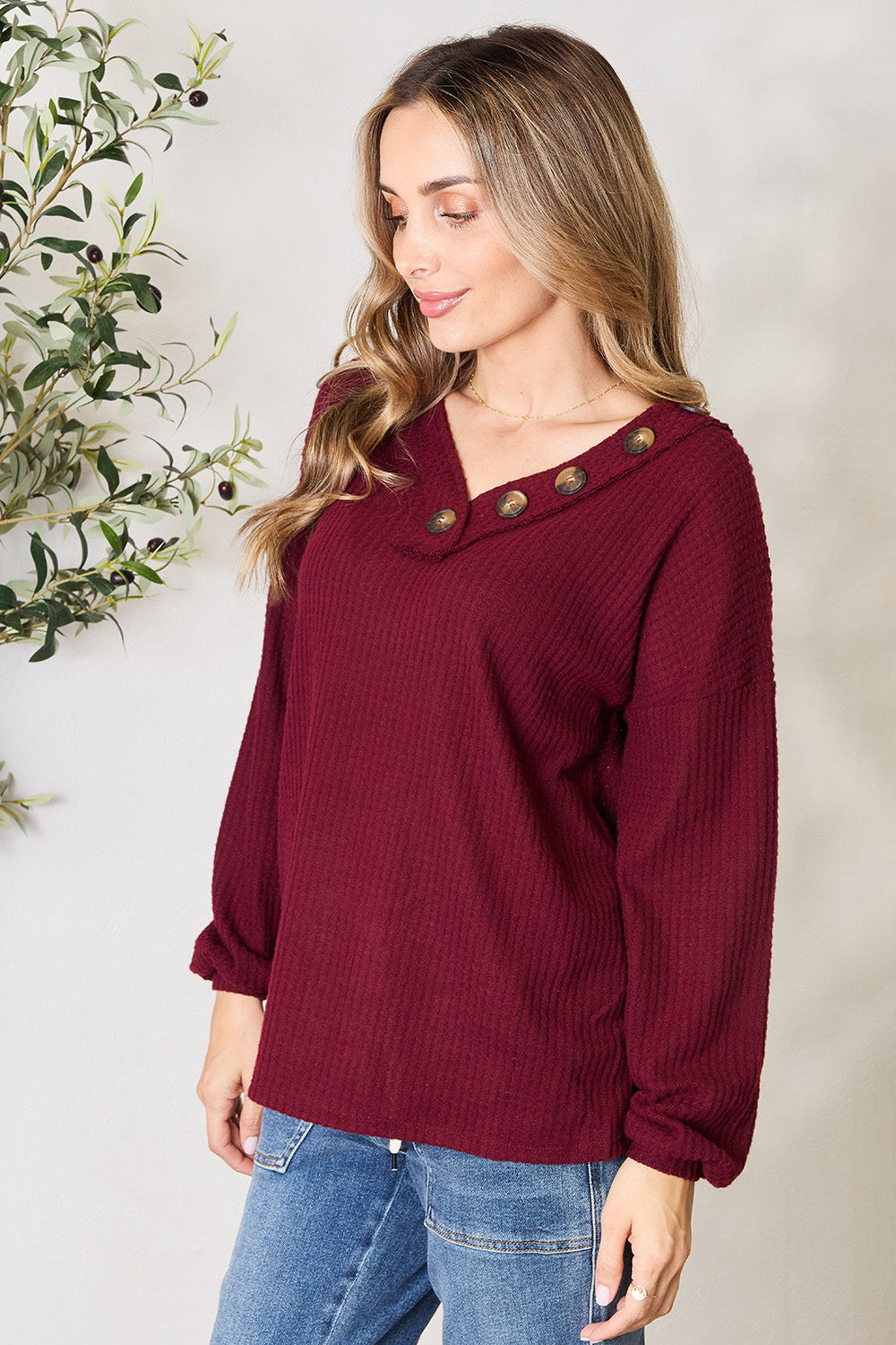 Buttoned V-Neck Long Sleeve Blouse - Women’s Clothing & Accessories - Shirts & Tops - 2 - 2024