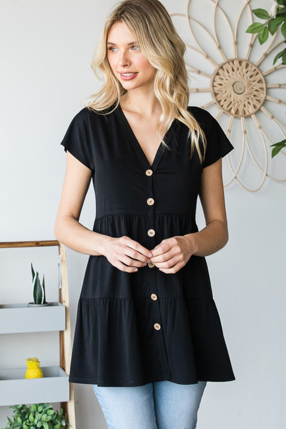 Buttoned V-Neck Tiered Top - Black / S - Women’s Clothing & Accessories - Shirts & Tops - 1 - 2024