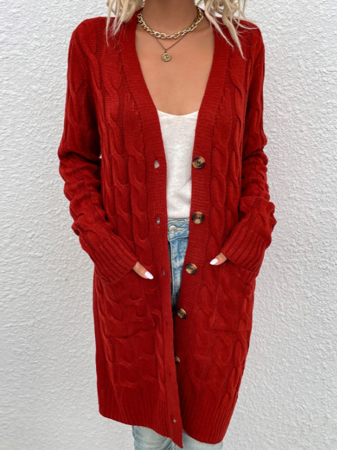 Cable-Knit Button Down Cardigan with Pockets - Red / S - Women’s Clothing & Accessories - Shirts & Tops - 19 - 2024