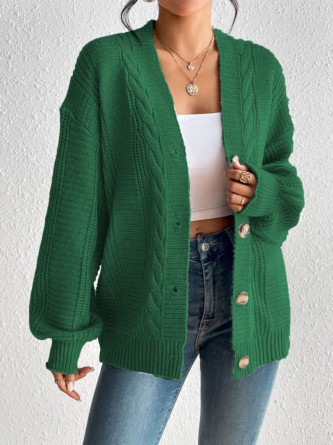 Cable-Knit Button Down Cardigan - Green / S - Women’s Clothing & Accessories - Shirts & Tops - 16 - 2024