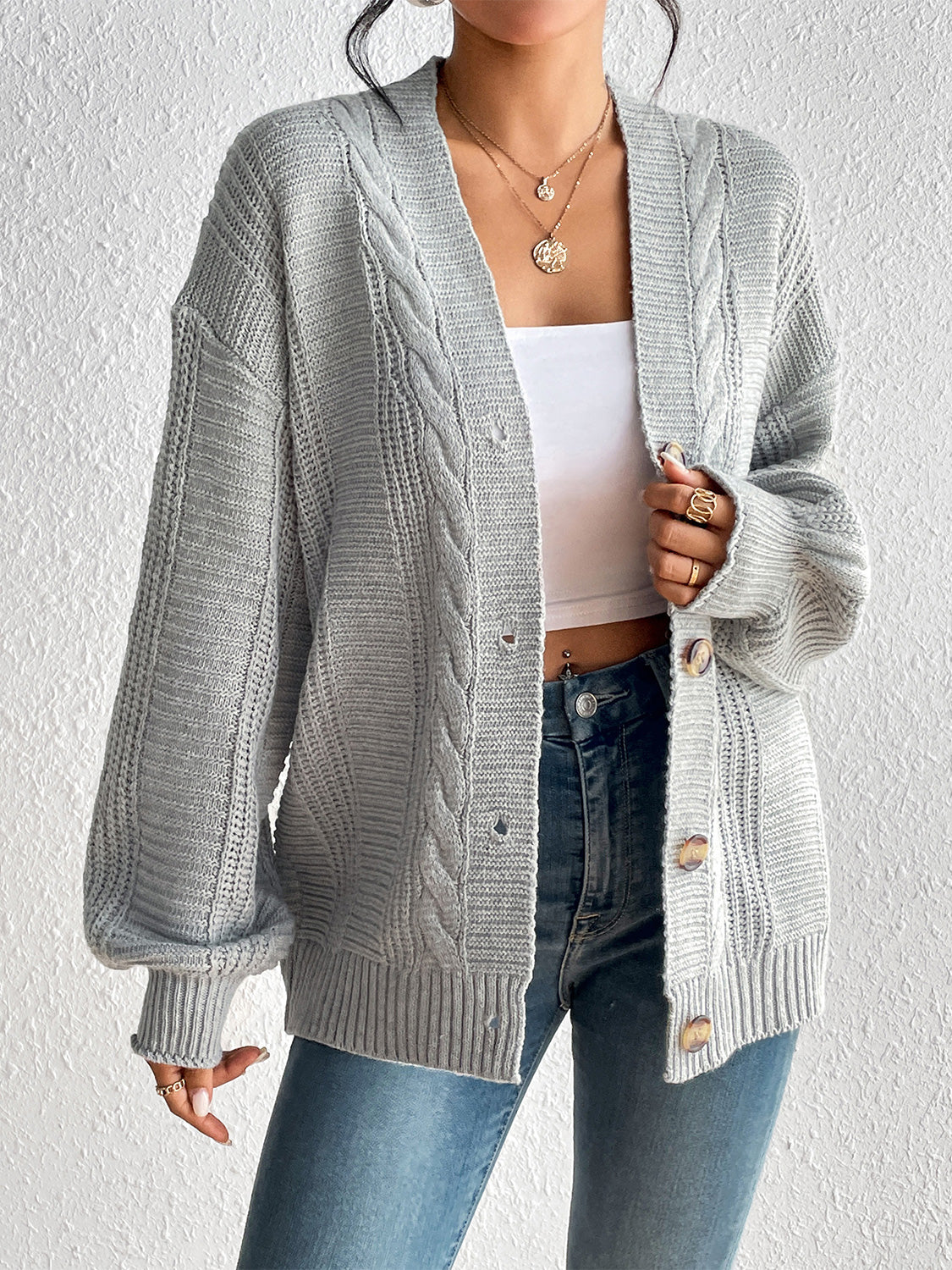 Cable-Knit Button Down Cardigan - Light Gray / S - Women’s Clothing & Accessories - Shirts & Tops - 1 - 2024
