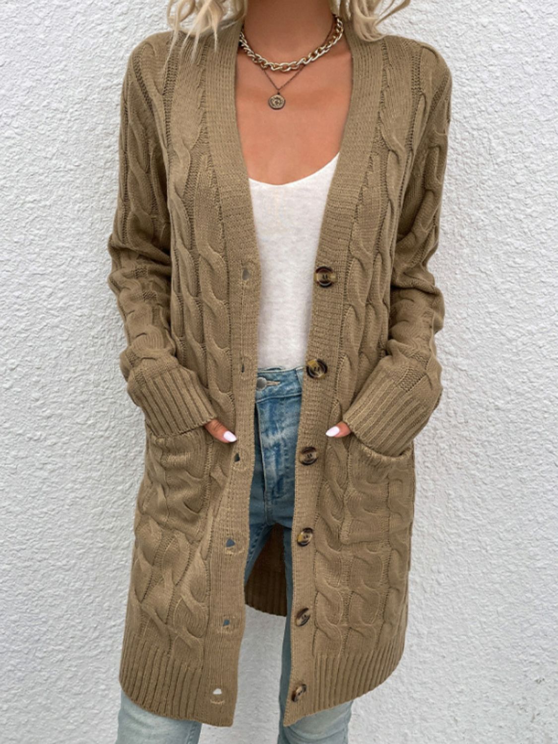 Cable-Knit Button Down Cardigan with Pockets - Light Brown / S - Women’s Clothing & Accessories - Shirts & Tops - 16
