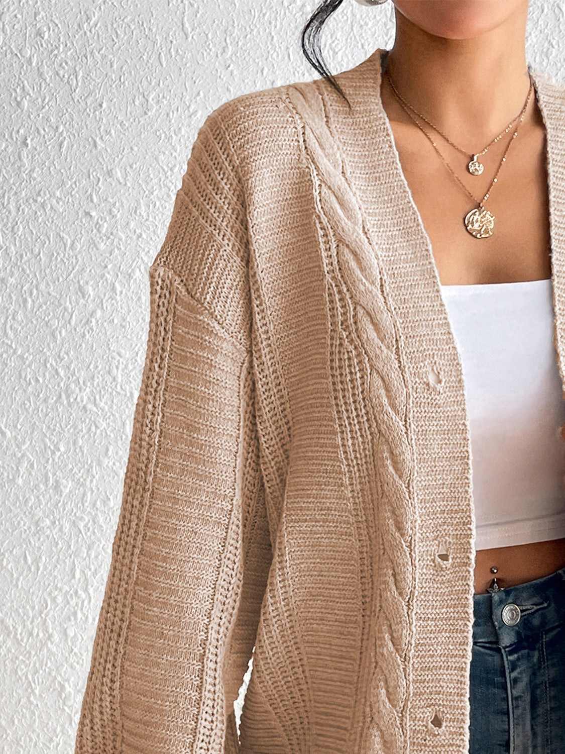 Cable-Knit Button Down Cardigan - Women’s Clothing & Accessories - Shirts & Tops - 8 - 2024