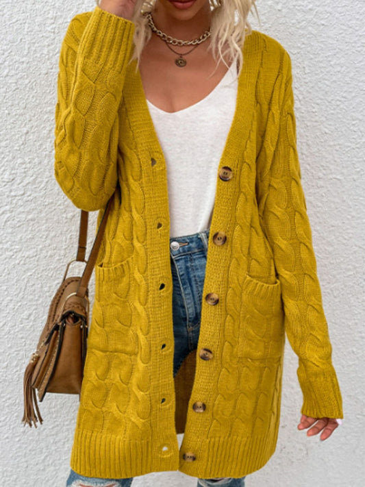 Cable-Knit Button Down Cardigan with Pockets - Yellow / S - Women’s Clothing & Accessories - Shirts & Tops - 1 - 2024