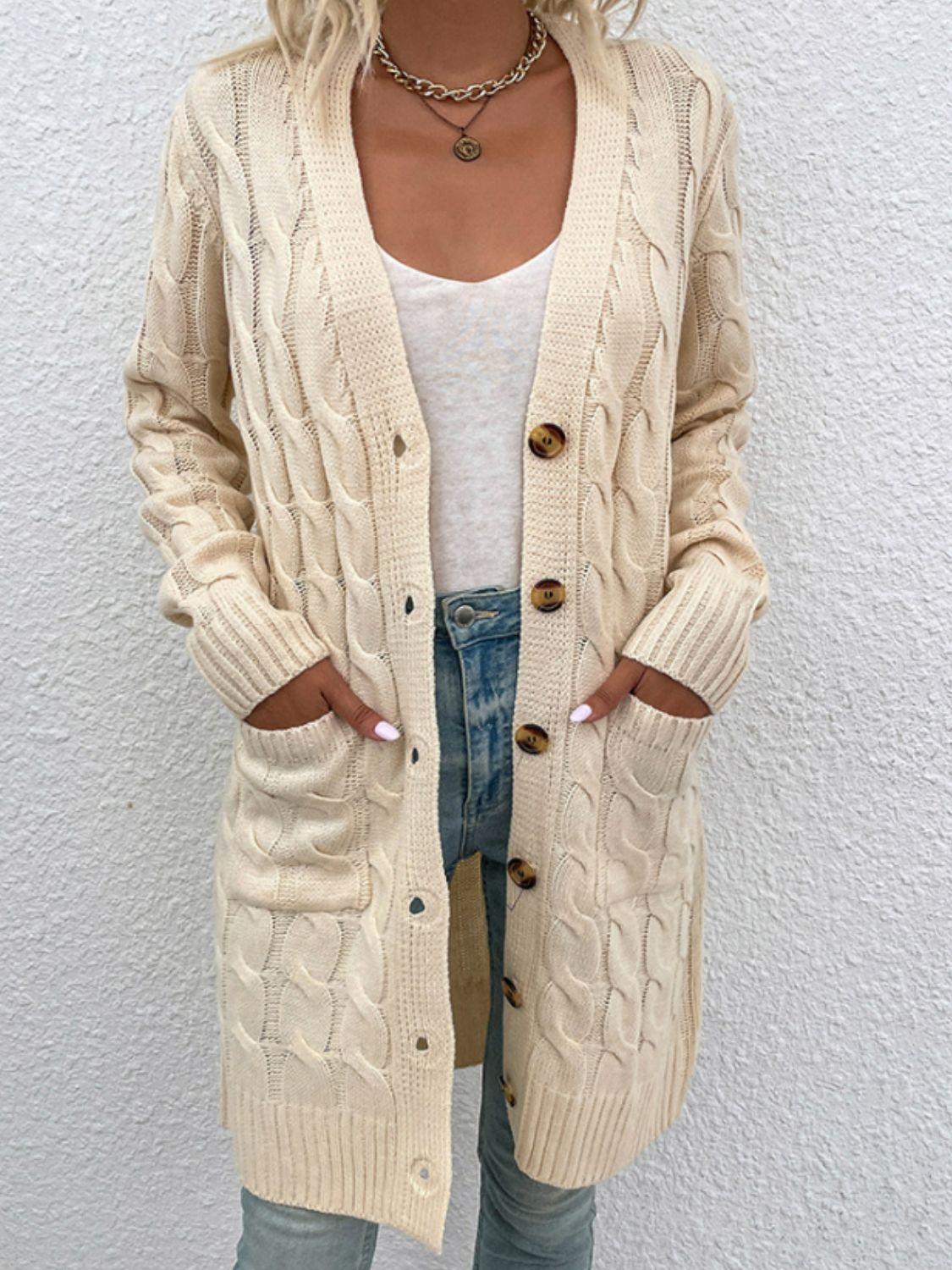 Cable-Knit Button Down Cardigan with Pockets - Brown / S - Women’s Clothing & Accessories - Shirts & Tops - 7 - 2024