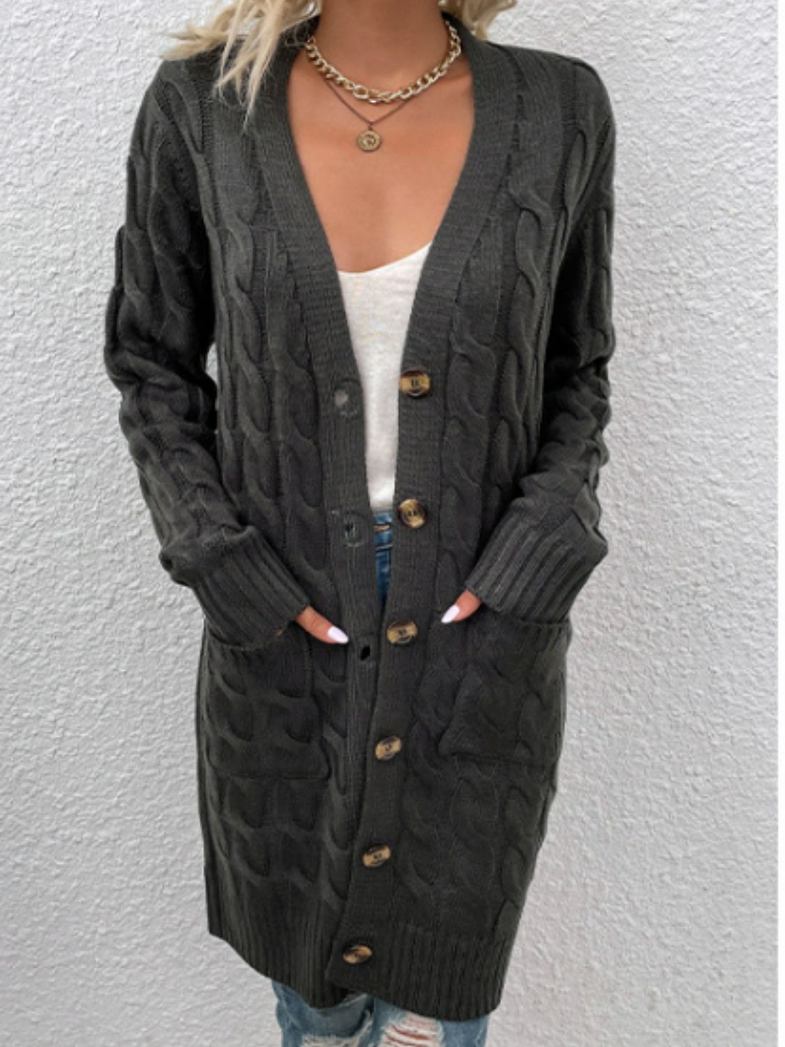 Cable-Knit Button Down Cardigan with Pockets - Dark Gray / S - Women’s Clothing & Accessories - Shirts & Tops - 10