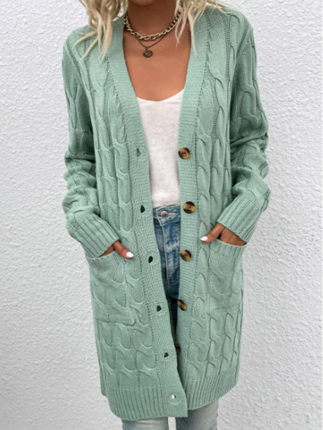 Cable-Knit Button Down Cardigan with Pockets - Green / S - Women’s Clothing & Accessories - Shirts & Tops - 13 - 2024