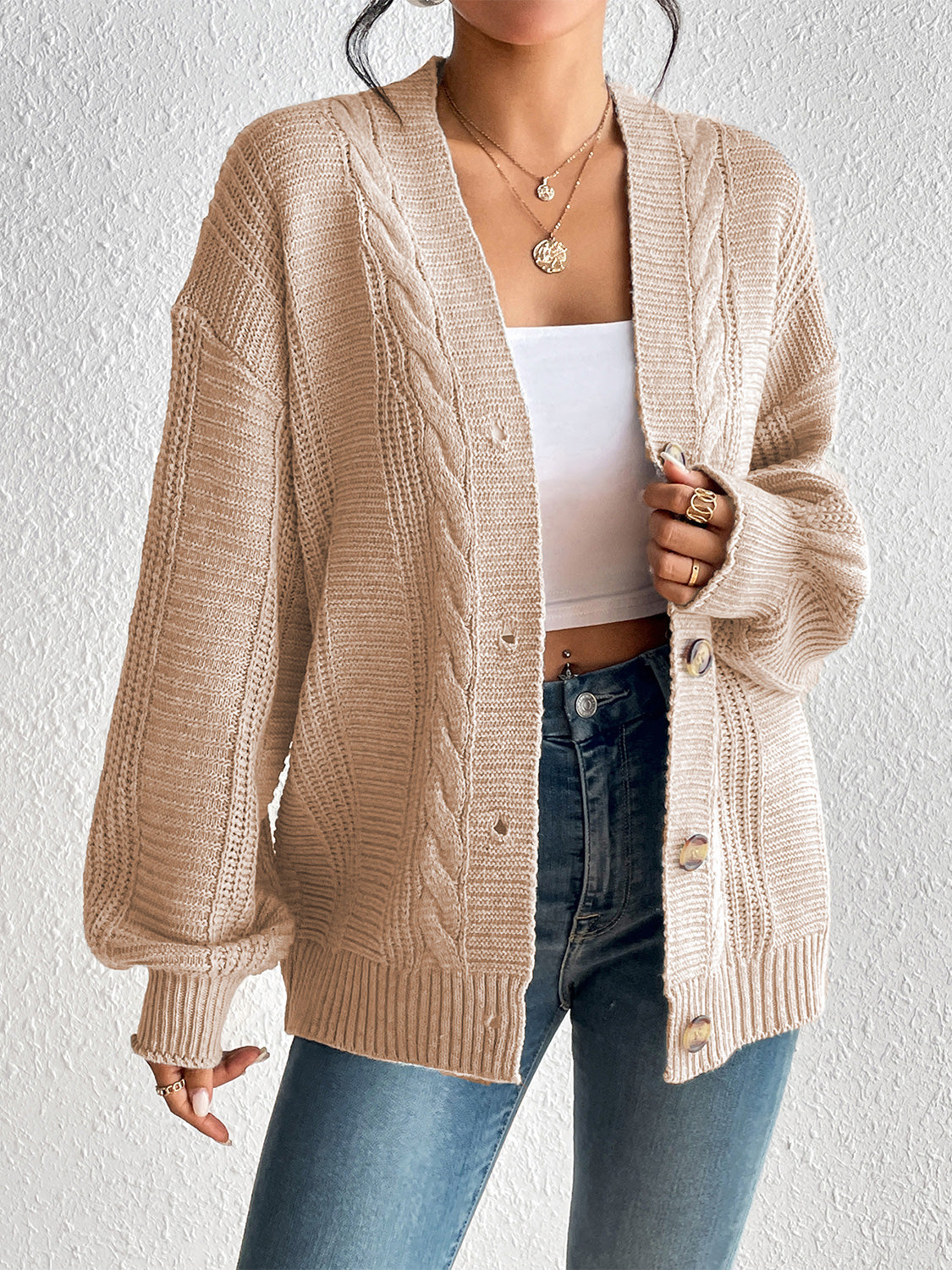 Cable-Knit Button Down Cardigan - Brown / S - Women’s Clothing & Accessories - Shirts & Tops - 7 - 2024