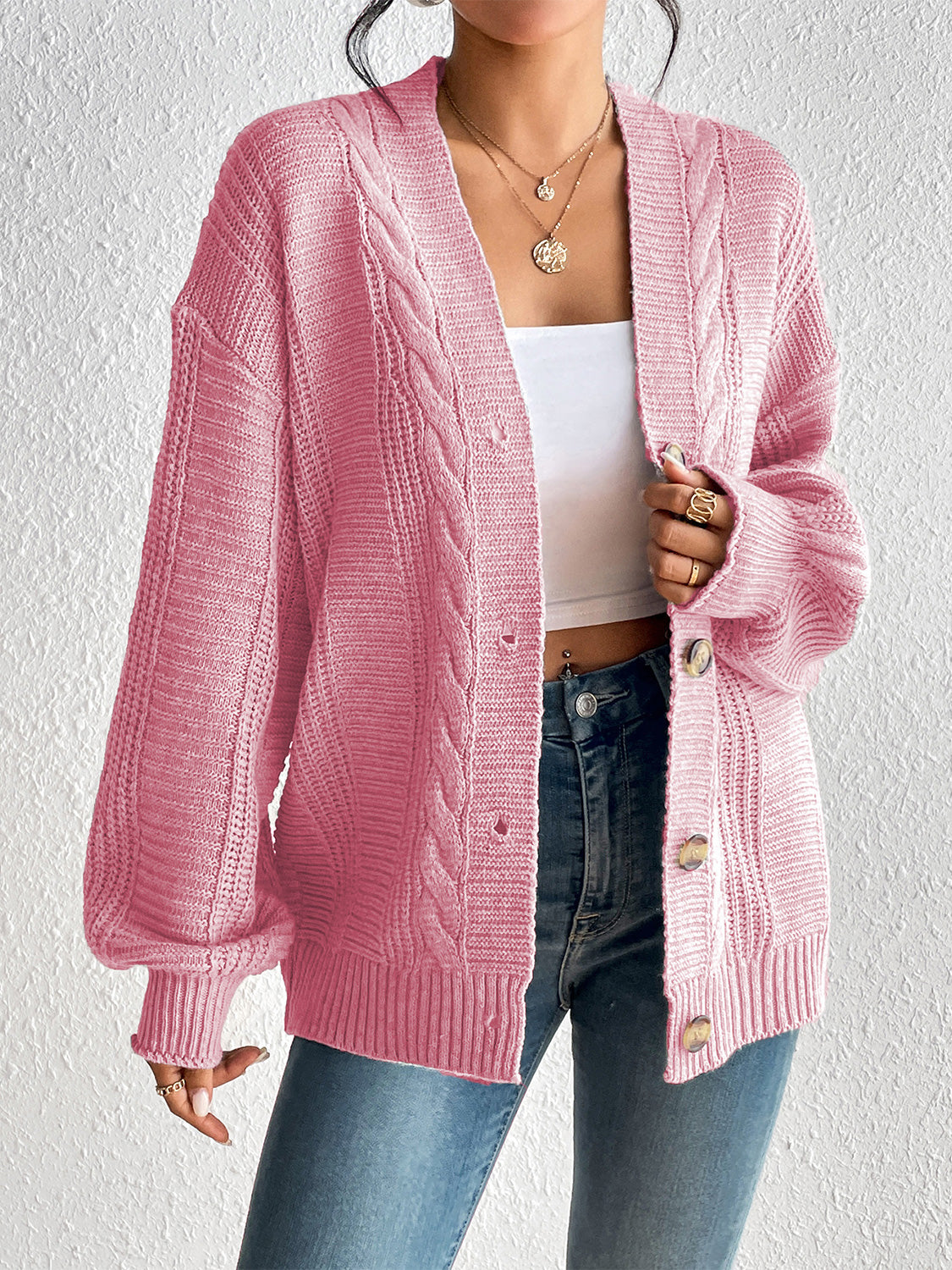 Cable-Knit Button Down Cardigan - Pink / S - Women’s Clothing & Accessories - Shirts & Tops - 13 - 2024