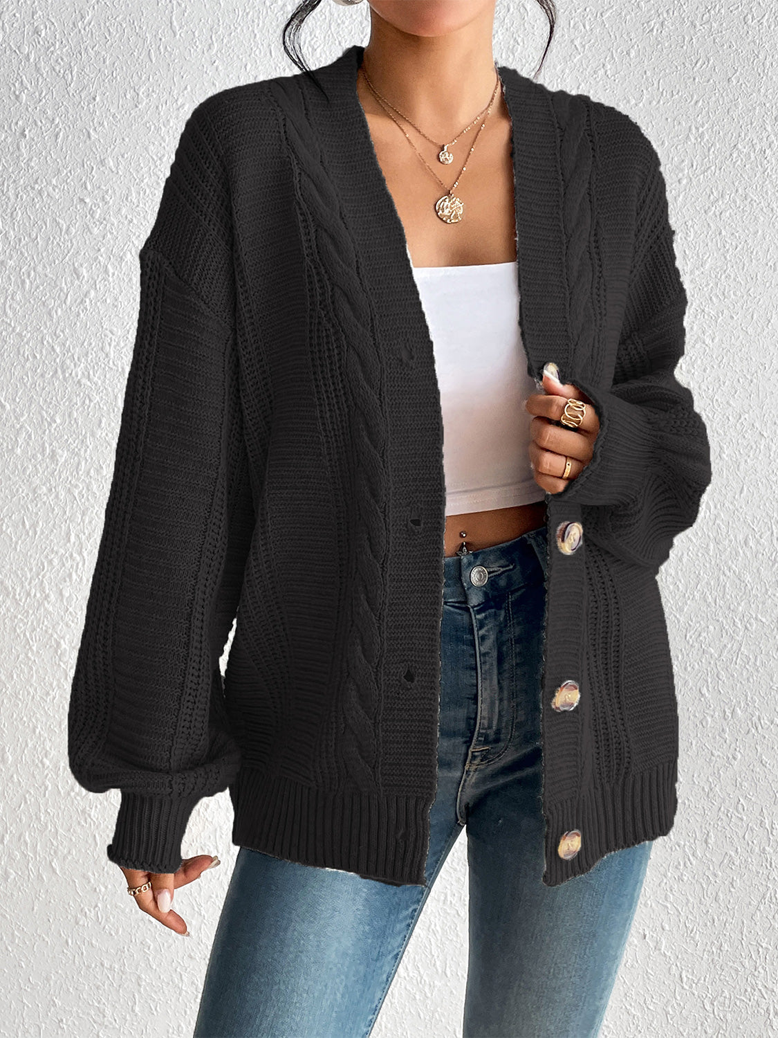 Cable-Knit Button Down Cardigan - Black / S - Women’s Clothing & Accessories - Shirts & Tops - 4 - 2024