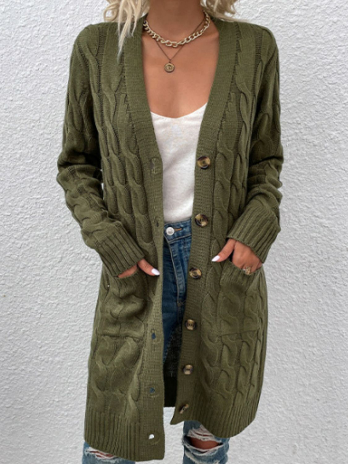Cable-Knit Button Down Cardigan with Pockets - Dark Green / S - Women’s Clothing & Accessories - Shirts & Tops - 22