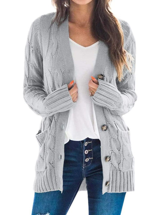Cable-Knit Buttoned Cardigan with Pockets - Women’s Clothing & Accessories - Shirts & Tops - 2 - 2024
