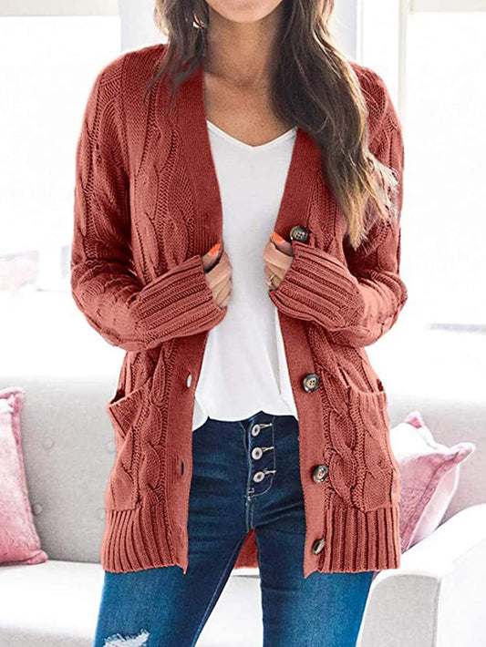 Cable-Knit Buttoned Cardigan with Pockets - Red / S - Women’s Clothing & Accessories - Shirts & Tops - 19 - 2024