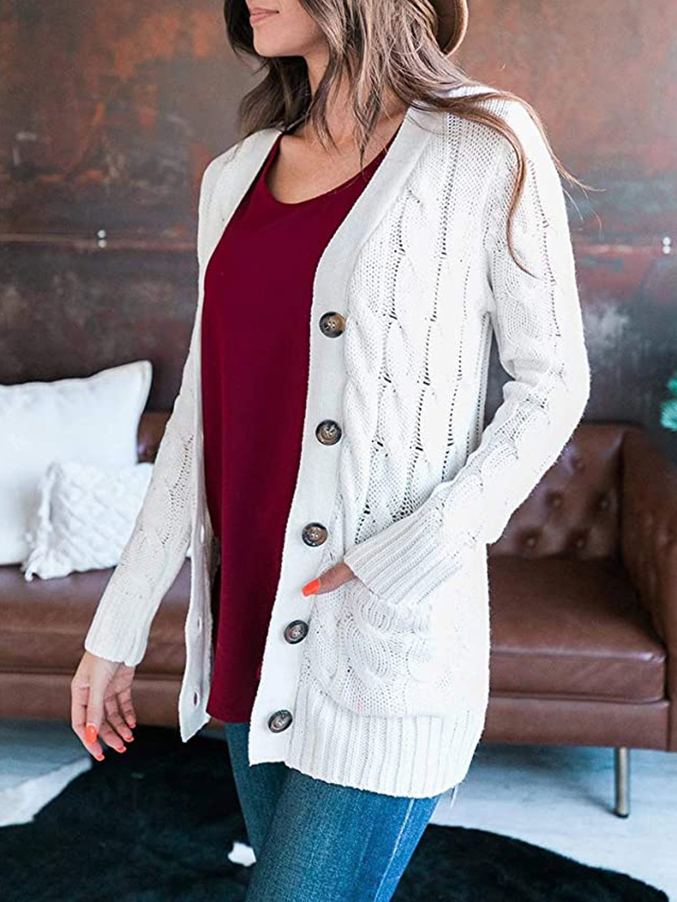 Cable-Knit Buttoned Cardigan with Pockets - Women’s Clothing & Accessories - Shirts & Tops - 17 - 2024