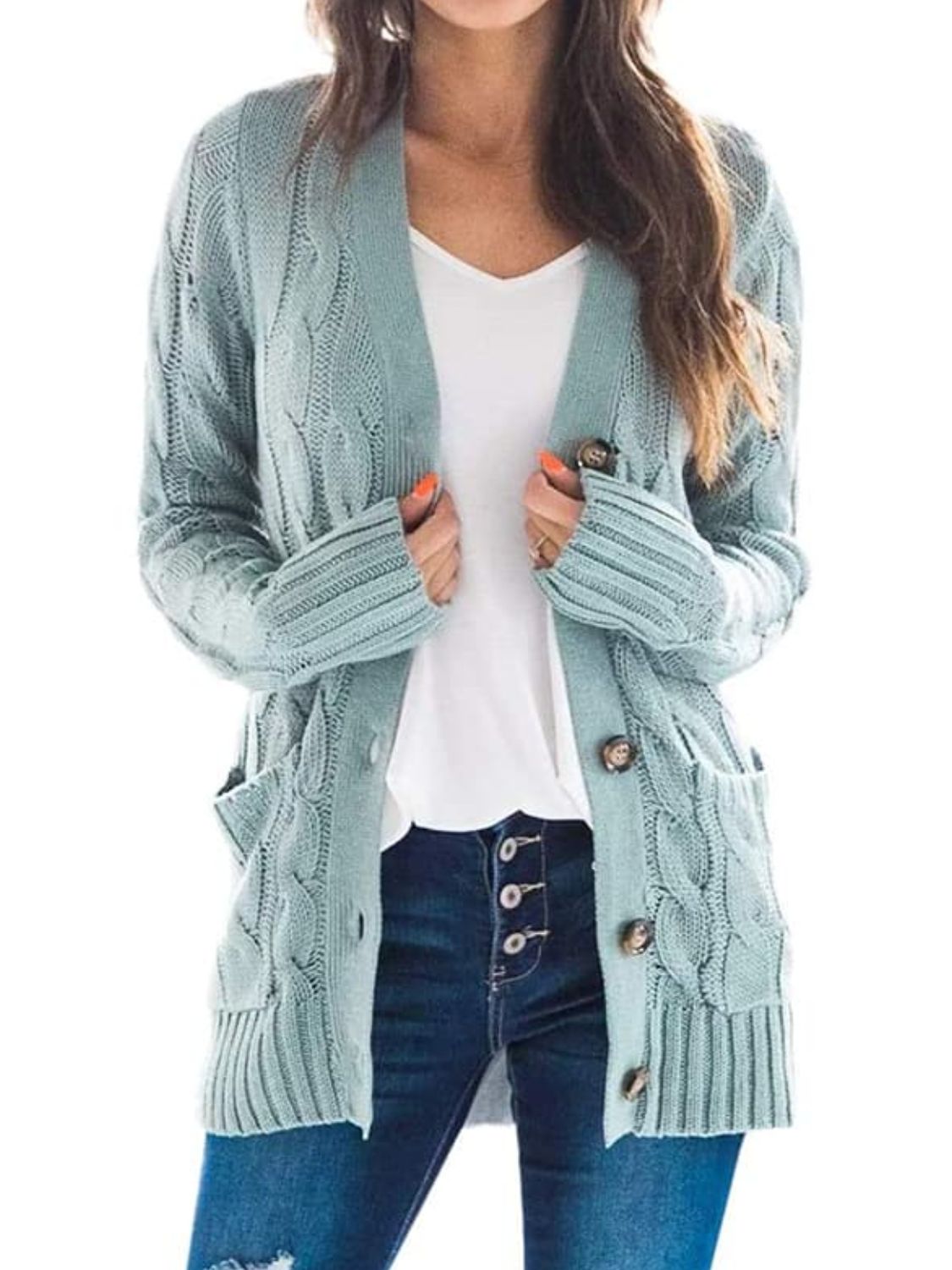 Cable-Knit Buttoned Cardigan with Pockets - Women’s Clothing & Accessories - Shirts & Tops - 14 - 2024
