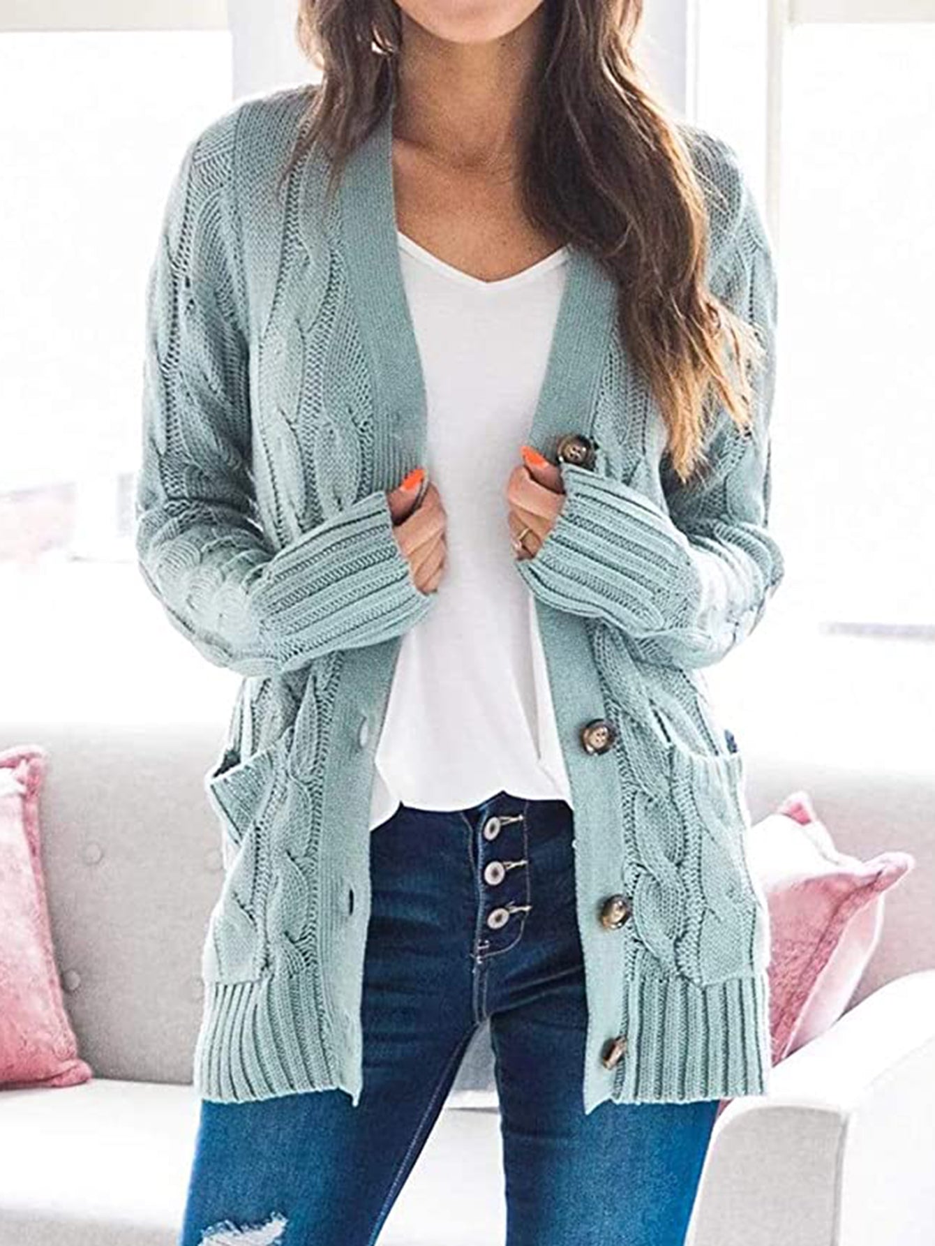 Cable-Knit Buttoned Cardigan with Pockets - Teal / S - Women’s Clothing & Accessories - Shirts & Tops - 13 - 2024
