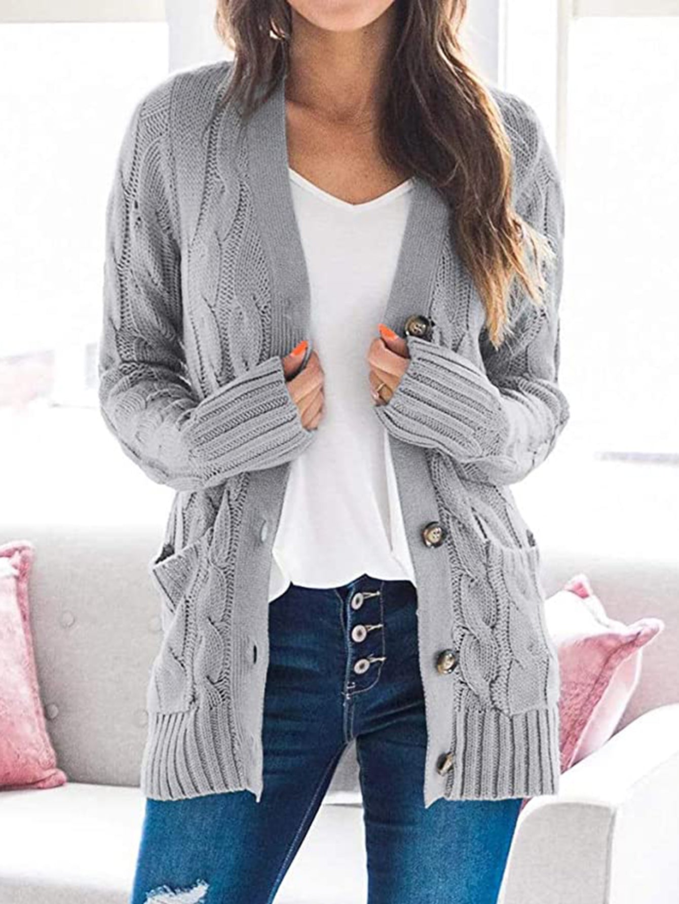 Cable-Knit Buttoned Cardigan with Pockets - Light Gray / S - Women’s Clothing & Accessories - Shirts & Tops - 1 - 2024